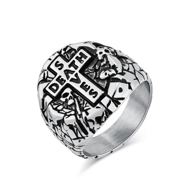 Men's Vintage Cross Titanium Steel Ring Bully Niche Design Stone Pattern Skull Jewellery Gold Rapper Wear Finger Ring