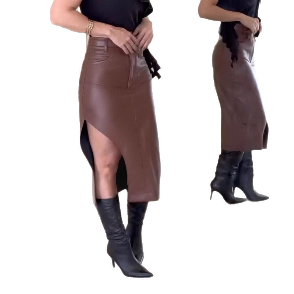 2025 Универсальная кожаная юбка-брюки с поясом - Европейский/американский стиль, Женская летняя новинка