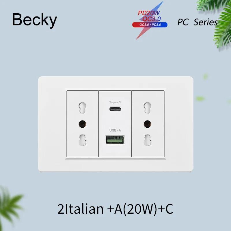 Белая Итальянская Стандартная Розетка Панель ПК Розетка USB Type C Прямоугольная Настенная Розетка-Выключатель Сетевая ТВ Телефон Спутниковая Розетка CAT5 CAT6