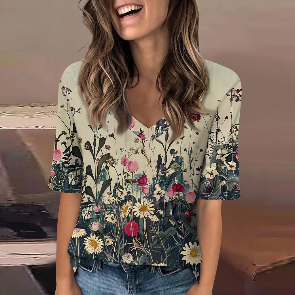Shirts For Women Trendy V Neck T Shirts Casual Printed Summer Tees T Shirt Blouse Half Sleeve Tops For Women