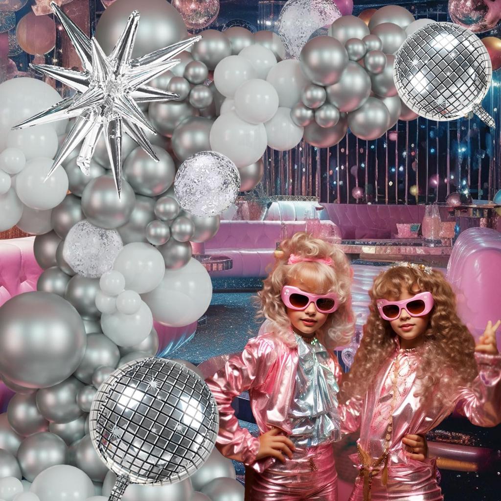Disco Party Balloon Garland Arch Kit 134 Pcs Metallic Silver Matte White Confetti Balloons Disco balls for Adult Birthday Dancing Decor Graduation