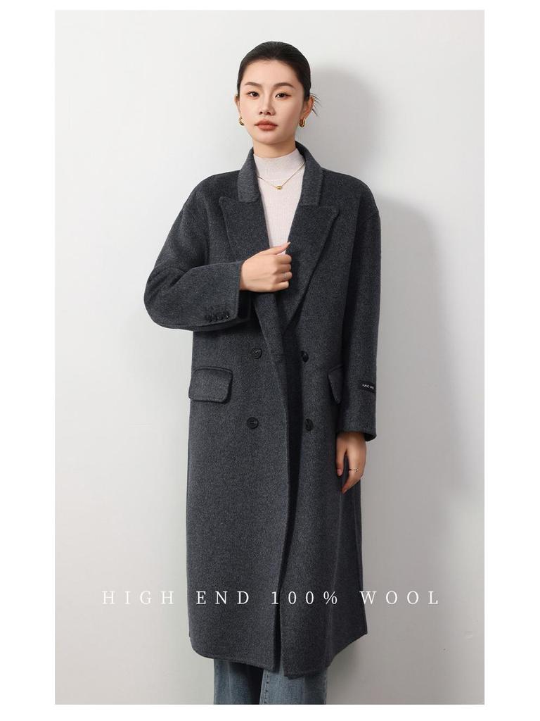 Women's Woolen Overcoat - Extra Long, Loose Fit, Double-Sided 100% Wool, Suit Collar for Autumn and Winter