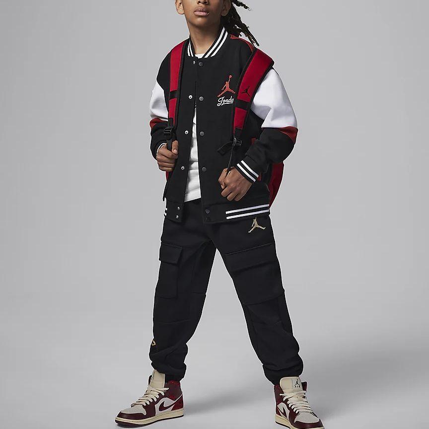 Jordan Бейсбольная куртка с вышитым логотипом Color Block, повседневная, с длинным рукавом, детская куртка, черная HF2449-010