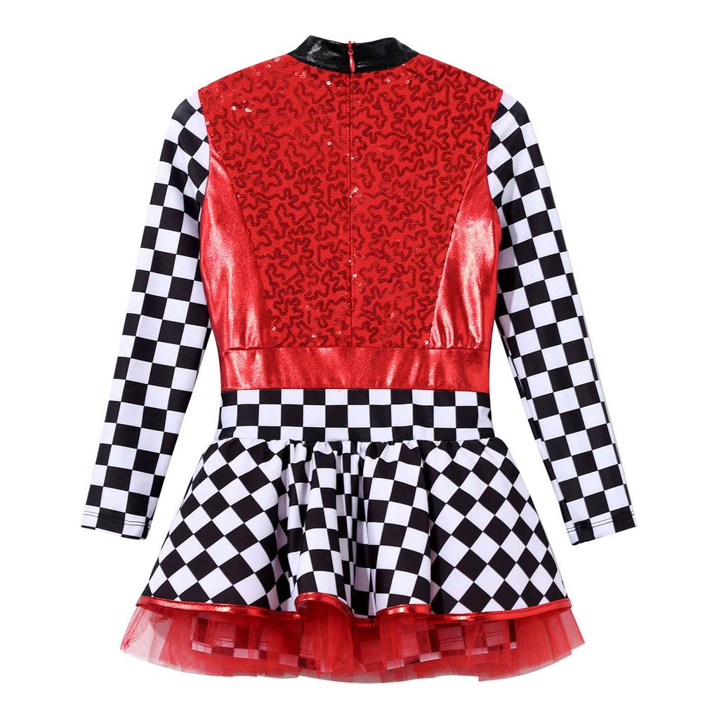 Комбинезон гонщицы для девочек, клетчатый принт, длинный рукав, воротник-стойка, пайеточная пэчворк, Хэллоуин косплей