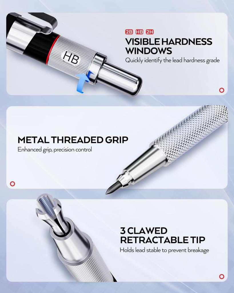 Набор механических карандашей Nicpro – Металлические карандаши с футляром, Держатель грифеля 0,5 мм / 0,7 мм / 0,9 мм / 2,0 мм, Включает графитовые стержни (2Б, ХБ, 2Н) & 12 сменных блоков
