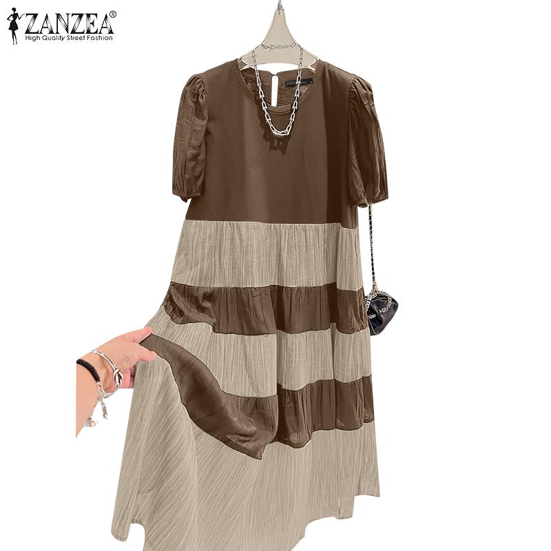 ZANZEA Женское повседневное свободное платье с коротким рукавом в стиле пэчворк с круглым вырезом