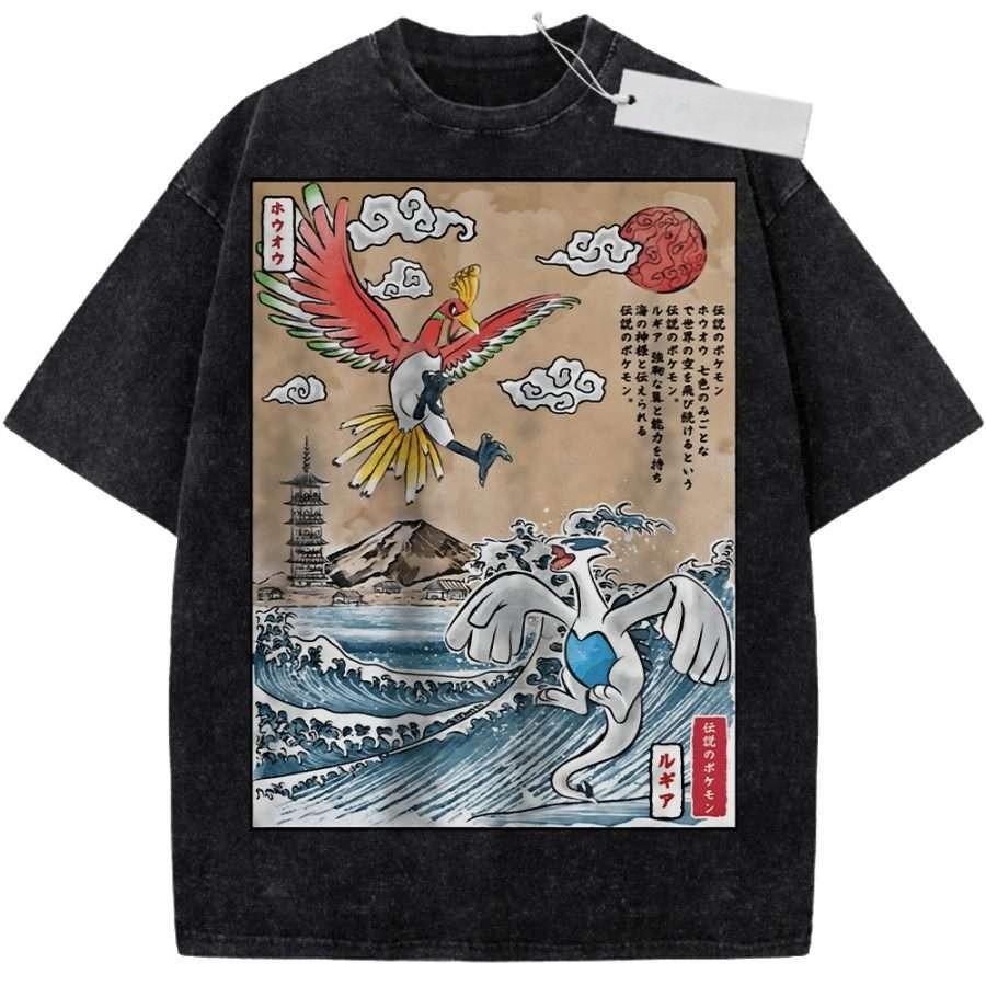 T Shirt Sports T Shirt Short Sleeve T Shirt Beige Unisex Pure Cotton Washed Vintage Japanese Art Pokemon Ho Oh and Lugia Print