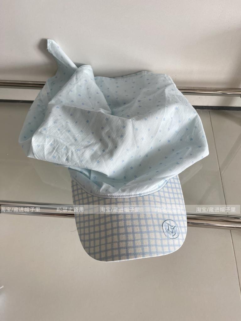 Summer new plaid star strap headscarf hat children big head circumference sunshade sunscreen face small cap