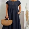 Летнее женское повседневное платье свободного кроя без рукавов из хлопка и льна однотонное с карманом