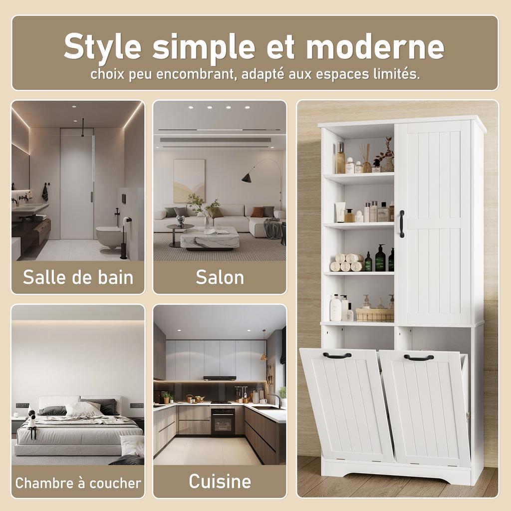78 x 35 x 172 cm Badezimmerschrank, Feuchtigkeitsbeständige Farbe, Doppeltes Wäschekorb-System, Vier offene Fächer, Eine Tür, Verstellbare Regale, Weiß