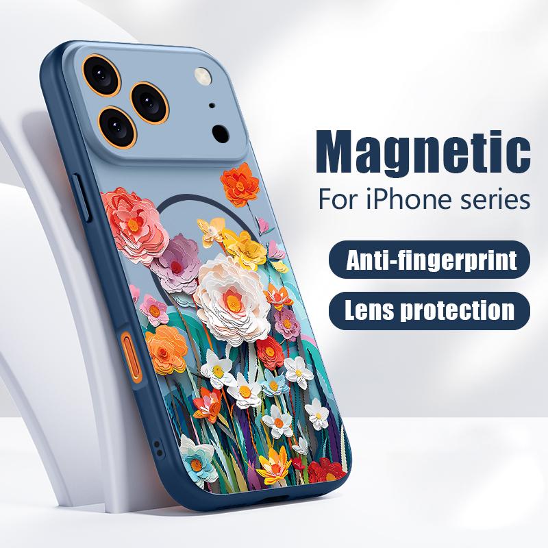Чехол с цветочным узором для iPhone 17 Pro Max Гибридный TPU+PC Магнитный для Magsafe Матовая крышка для iPhone 16 Pro Max 15 14 13