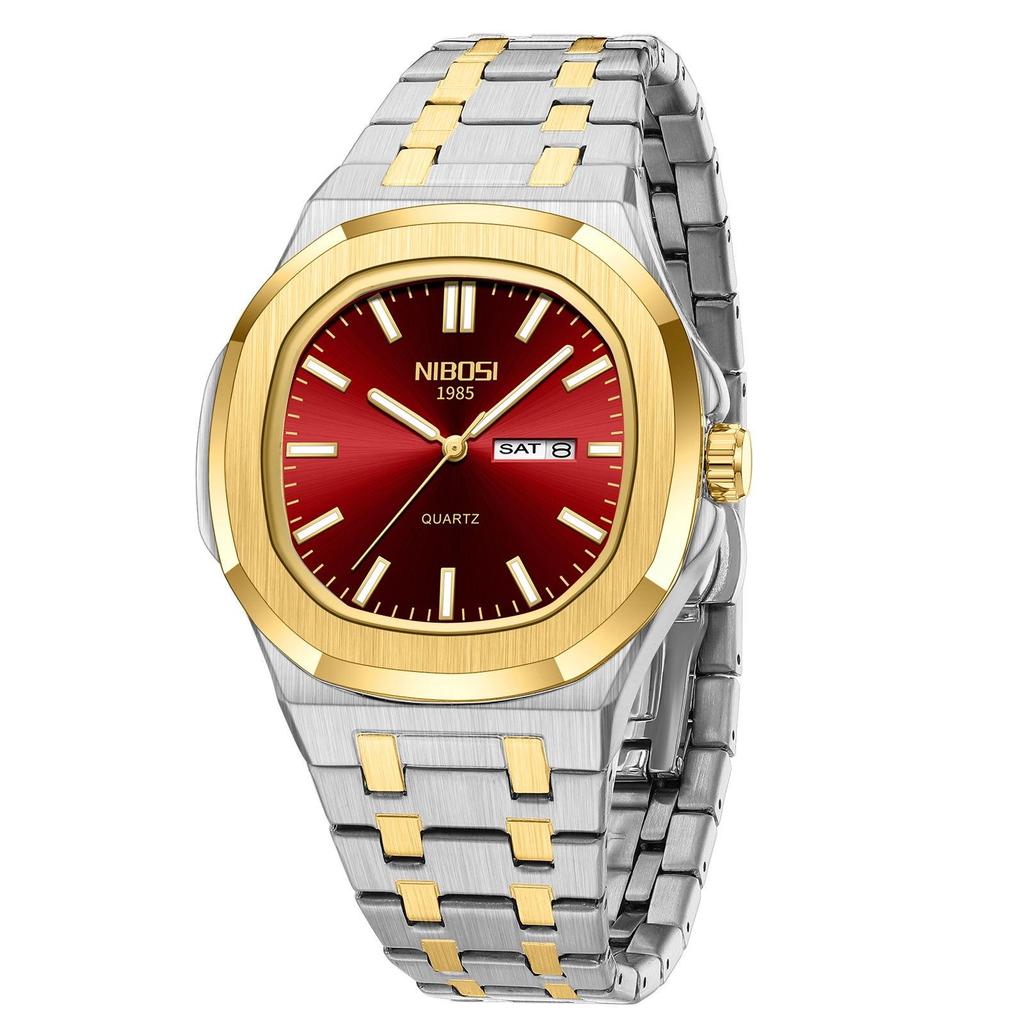 Mens Octagonal Dial Watch Stainless Steel Bracelet Luminous Day Calendar Waterproof Casual Quartz Watch