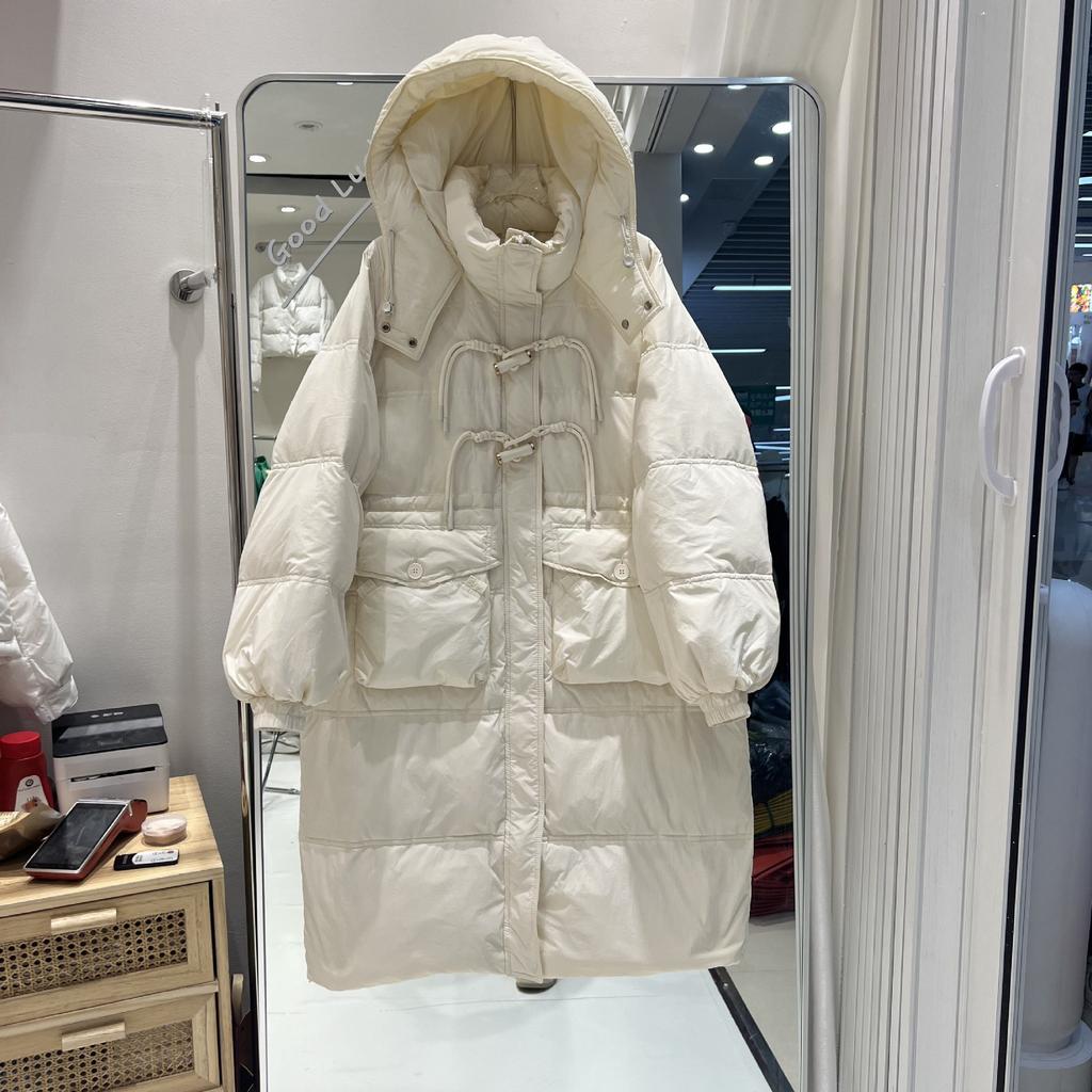 Пуховик женский средний и длинный с капюшоном утолщенный свободный зима 2024 новый студенческий белый пуховик до колена прилив
