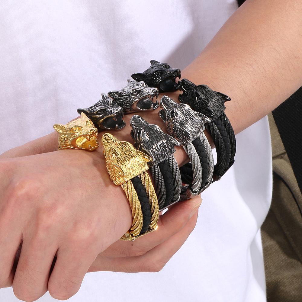 Готический эластичный двойной волчий череп открытый браслет-манжета для мужчин 12 мм витая цепочка сплошной из нержавеющей стали мужские браслеты