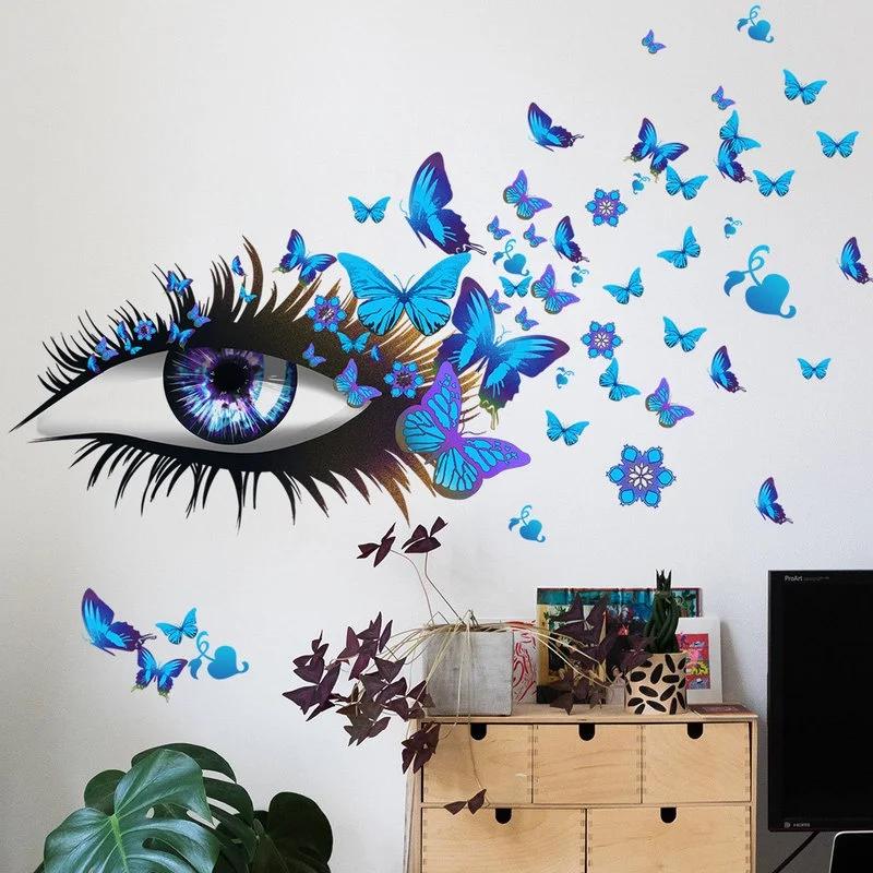 Creative Beautiful Girl Eyes Wall Sticker Flying Butterfly Wall Decals Girl Long Eyelashes for Couple Lovers Bedroom Decoration