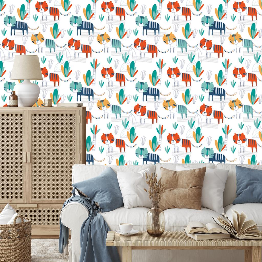 Cats and plants wallpaper in Scandinavian style for living room and bedroom 50x1000