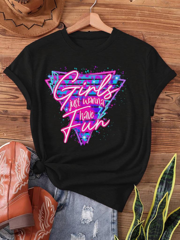 Women's Retro Neon s Have Fun Graphic Short Sleeve Crew Neck Casual Top with Geometric Print Casual Attire Relaxed Fit T-Shirt