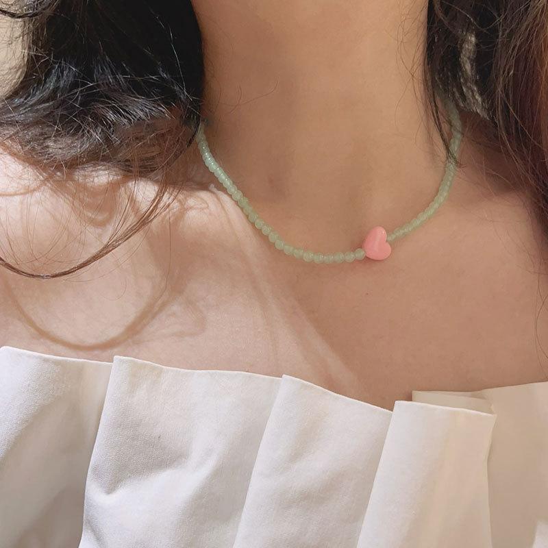 Ожерелье Macaron Ice Through Pink Green Natural Stone с бусинами Love, женская индивидуальность, уникальный темперамент, универсальная цепочка на шею, цепочка на ключицу