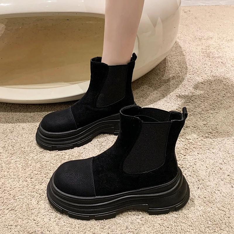 Мода Мода Универсальный Однотонный Женские Ботинки Толстая Подошва Круглый Носок Ботильоны Женская Меховая Панк Готическая Обувь