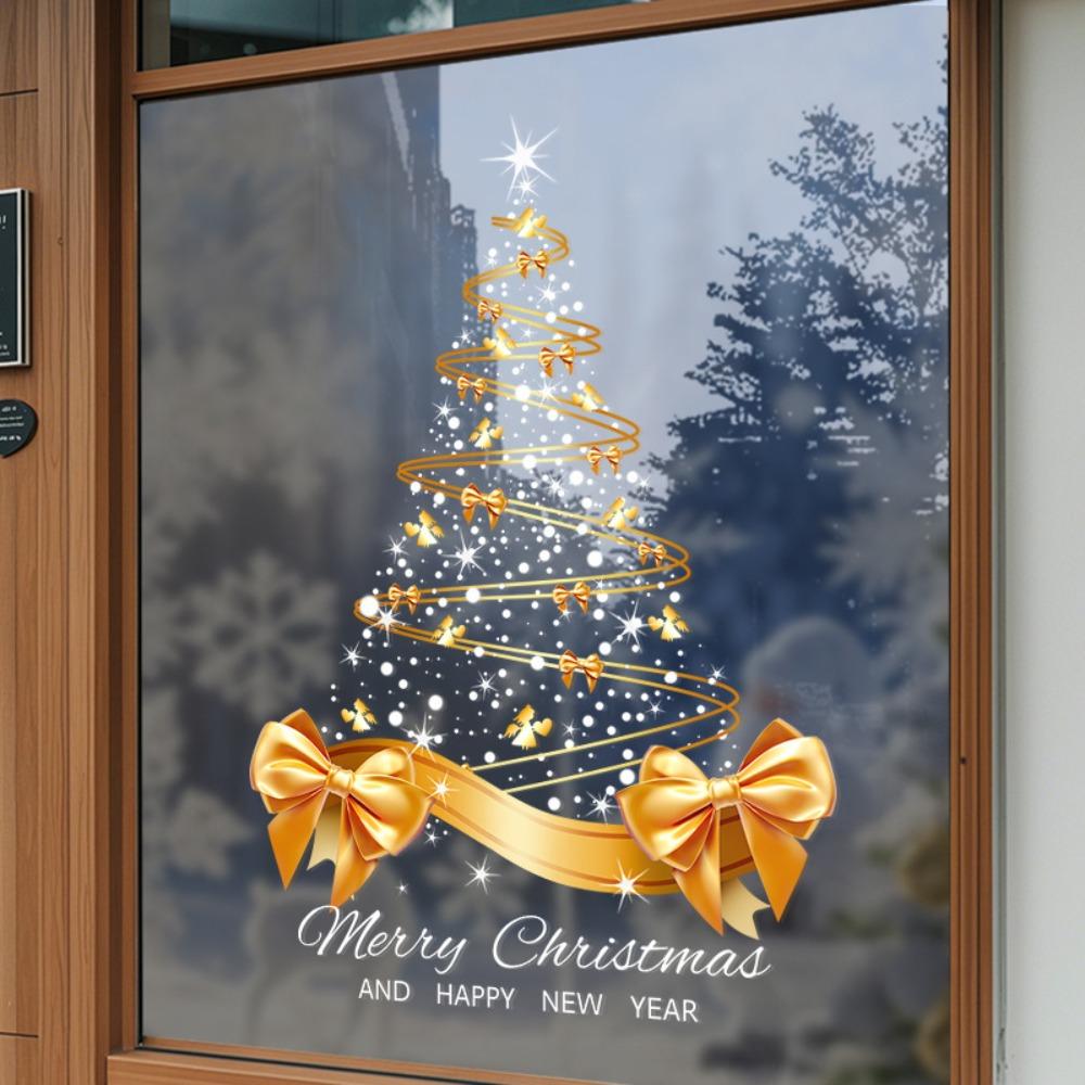 Star Bow Design Golden Christmas Tree Window Stickers Christmas Tree Window Decal Store