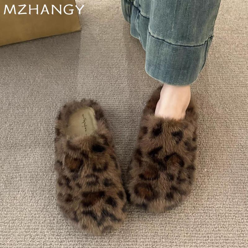 Леопардовый мех хлопковые тапочки зимние туфли на плоской подошве женские трендовые модные новые теплые повседневные удобные домашние туфли с открытой пяткой шлепанцы