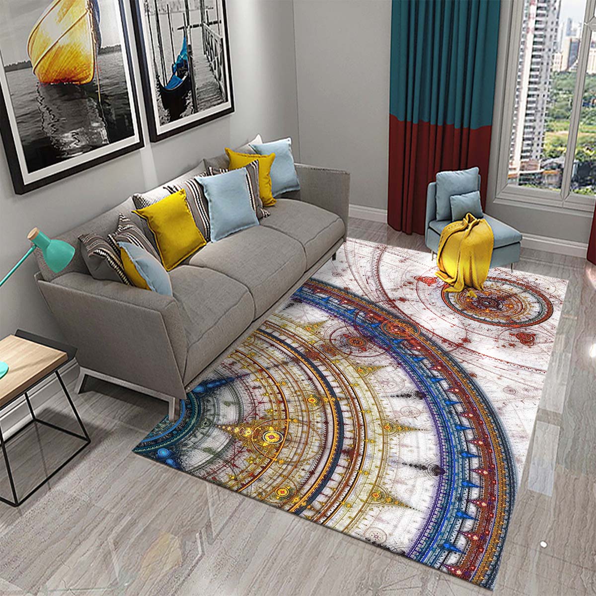 Современный черно-белый ковер с абстрактным изображением рыб