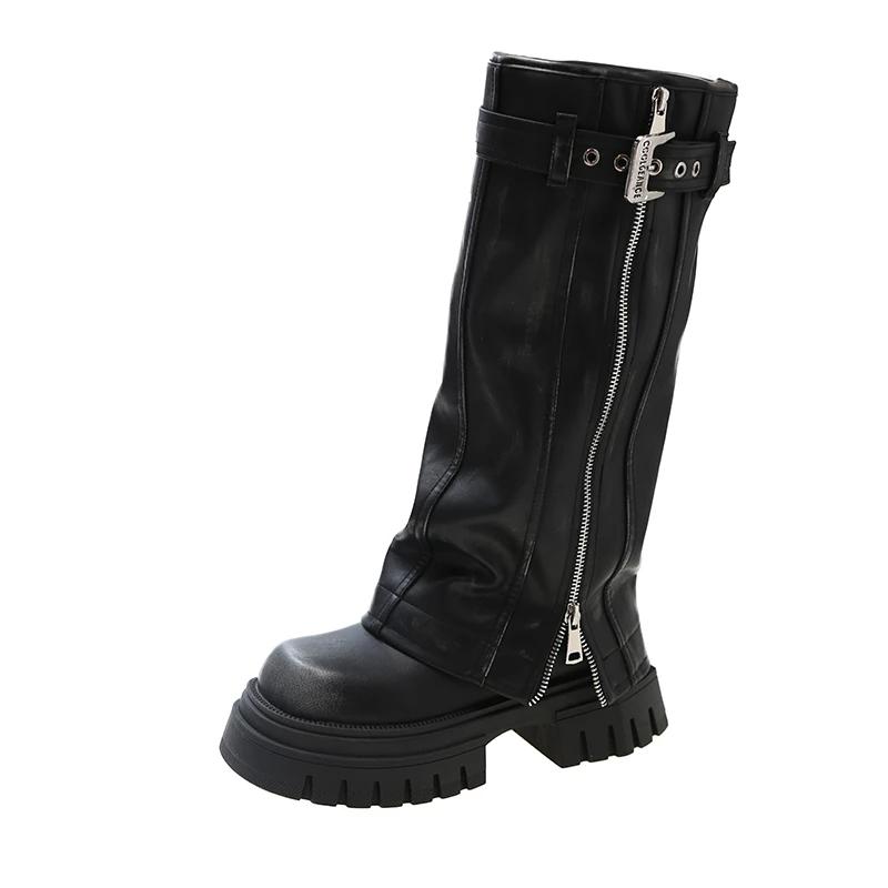 Ретро Большие Круглые Сапоги До Колена Женские Готические Туфли Платформа Пряжка Ремень Молния Сбоку Дизайн Массивные Высокие Каблуки Сапоги Botines