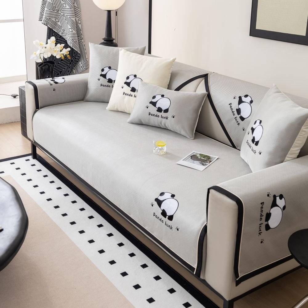 Living Room Anti-slip Panda Embroidery Sofa Cover Summer Ice Silk Sofa Cushion Cover Slipcover Funda Sofa