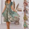 Women's Summer Casual Fashion Retro Print Short Sleeve V-Neck Swing Dress