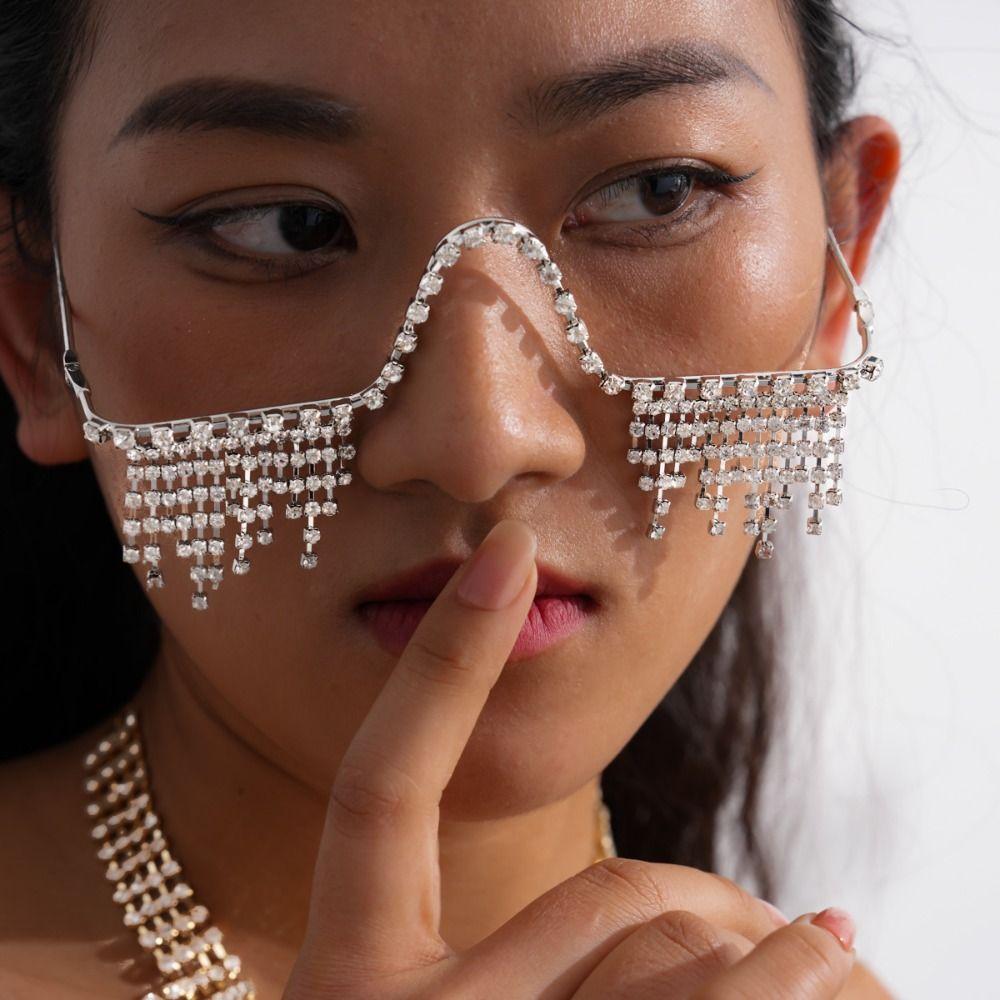 Zircon Tassel Rhinestone Eyeglass Frame Crystal Half Frame Glasses Chain Carnival