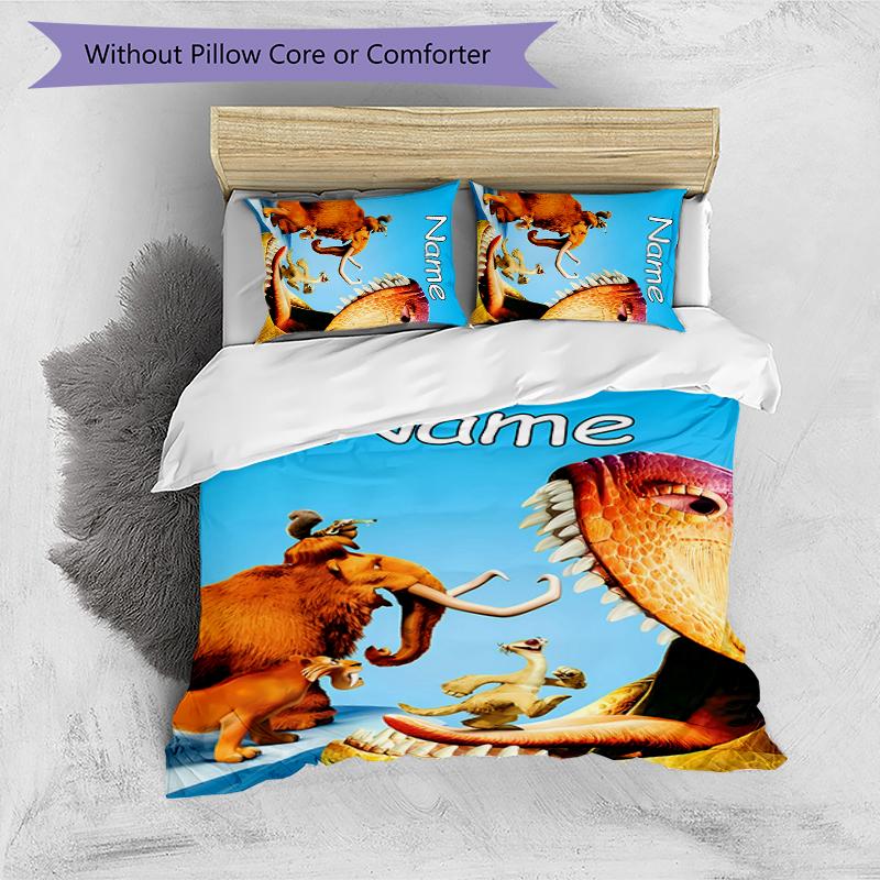 3pcs Custom Name Cartoon Ice Age Dawn of the Dinosaurs Bedding Set Duvet Cover Closure Includes 1 Duvet Cover & 2 Pillowcases for All Seasons Bedroom