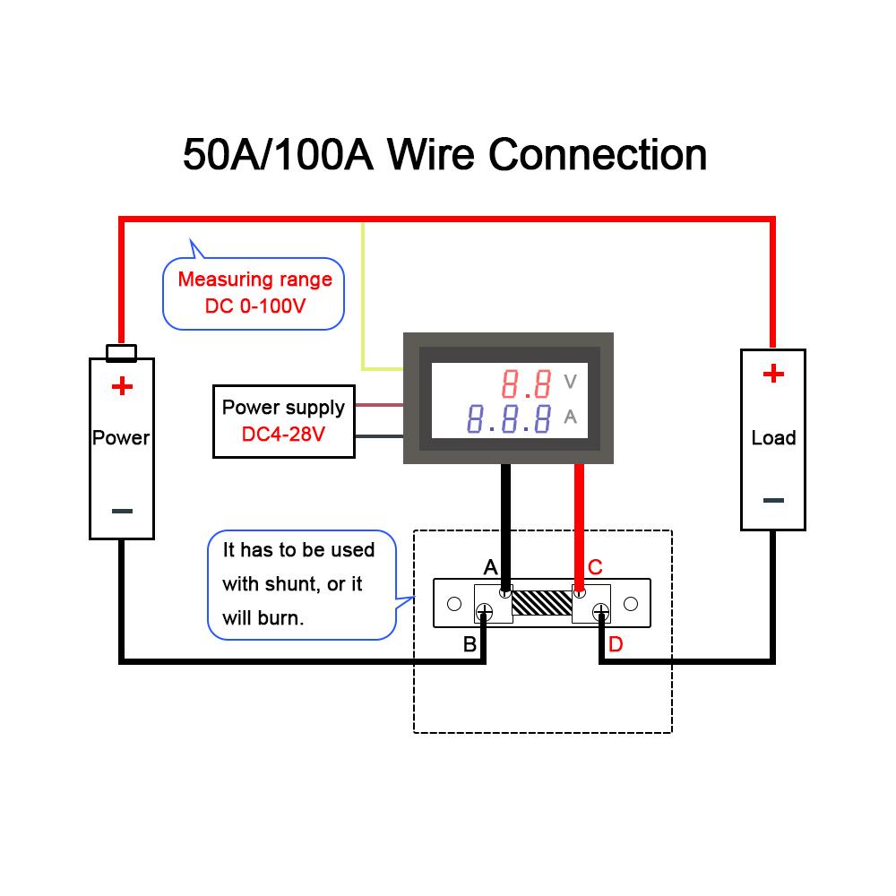 Измеритель постоянного тока с двойным дисплеем, вольт-амперметр, 100 В постоянного тока/100 А, двухцветный светодиодный вольтметр, амперметр + шунт 100 А