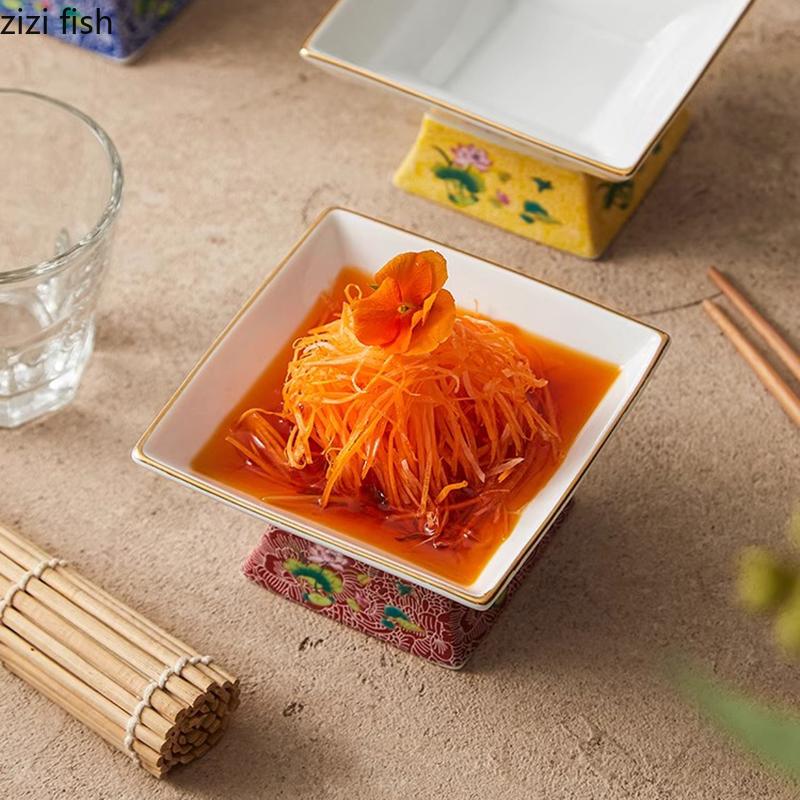 Цветная эмалированная керамическая миска с высокой ножкой, квадратная миска с золотым краем, миска для десерта, миска для закусок, миски для суши, креативная посуда для молекулярной кухни