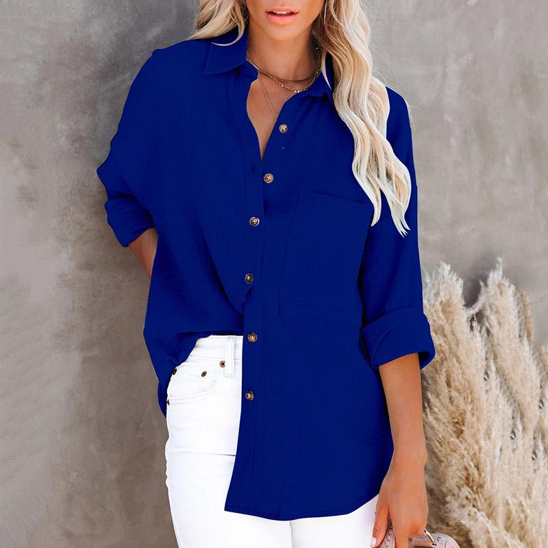Women Fashion Long Sleeve Lapel Solid Color Plus Size Shirt Blouse Tops Clothing