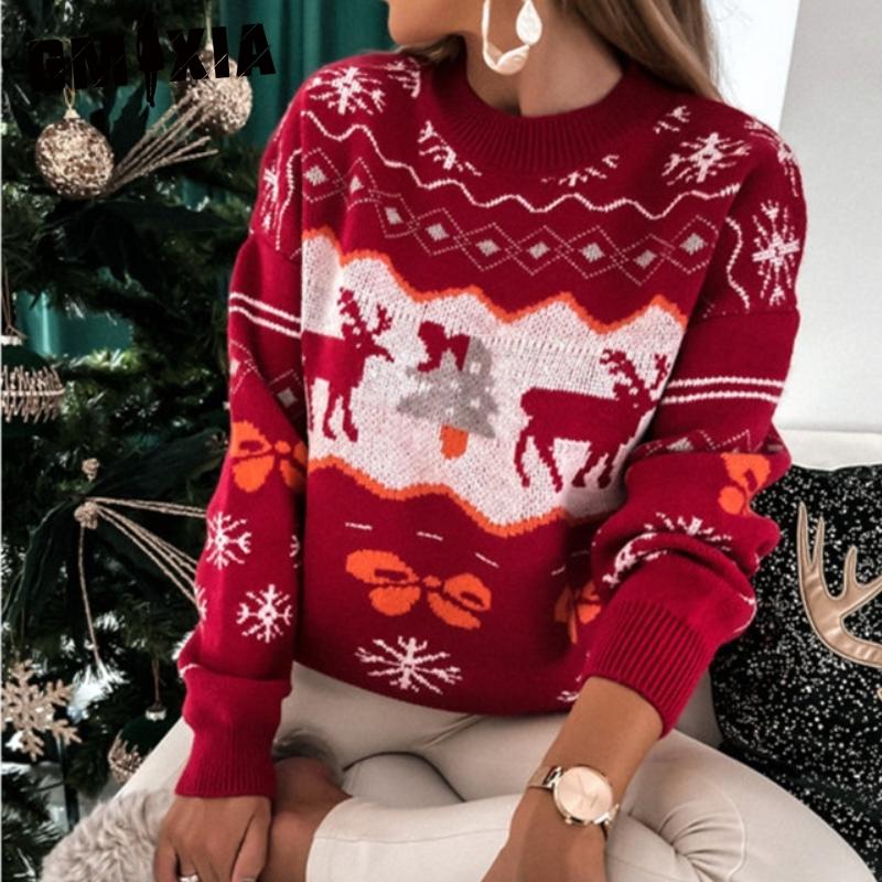 GMXIA Autumn Winter Sweater Women's Christmas Jacquard Loose O-Neck Long Sleeve Sweater