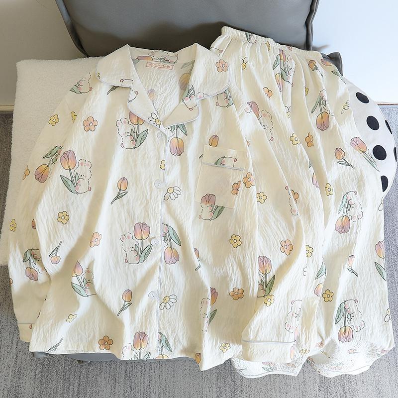 Женская мягкая пижама из искусственного хлопка, одежда для сна, осенний пижамный комплект с принтом цветов и кроликов, удобный повседневный милый домашний костюм из 2 предметов