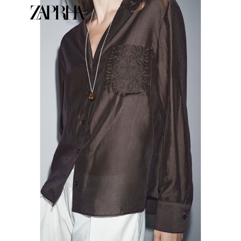 Zaprha 2025 Autumn New Pure Desire Style Lapel Long sleeve Embroidery Pocket Decoration Shirts Top 4786179