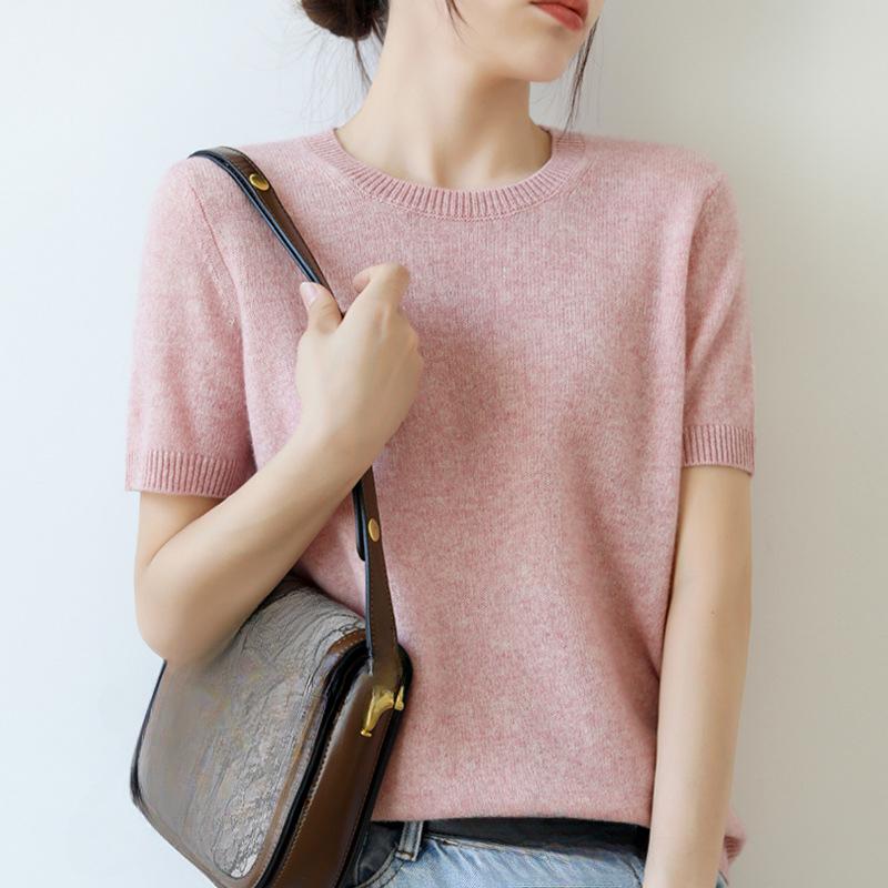 INDFS Women's Fashion Casual Summer Spring Solid Color Print Short Sleeve O-Neck Blouses & Shirts