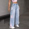 Street Girl Bow Washed Jeans Loose Straight Wide Leg Pants