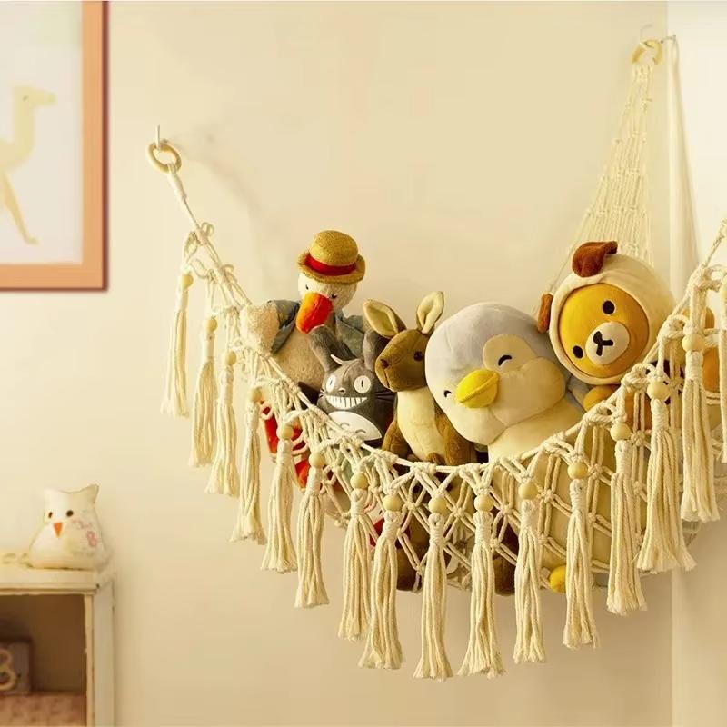 Triangular Toy Hammock Handwoven Cotton Rope Wall Storage for Stuffed Animals Plush Toys and Decor Macrame Toy Net With Fringe