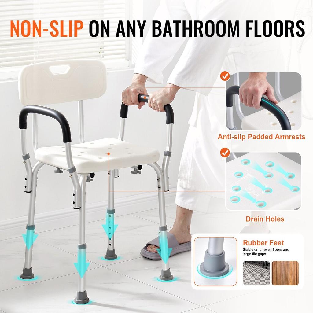 Shower Chair, Shower Seat with Back, Adjustable Height Shower Stool, Shower Chair for Inside Shower Bathtub, Non-slip Bathroom Bench Bath Chair for