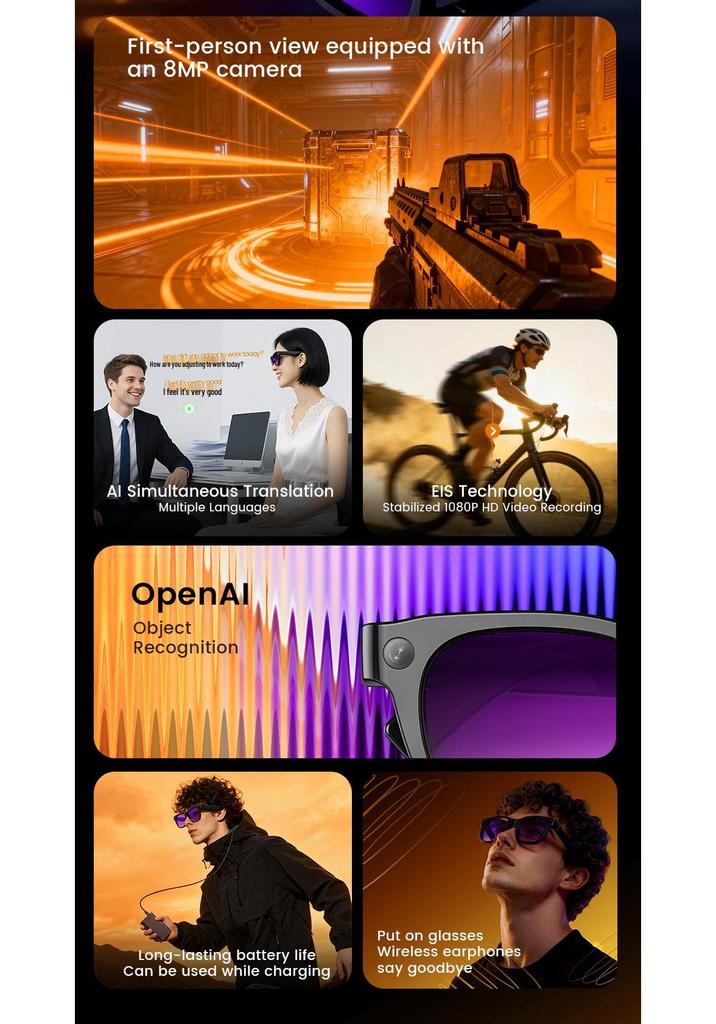 AI Smart Glasses: 800W Pixel Camera, Photo/Video Recording, Voice Call, AI Translation, and Object Recognition Capabilities.