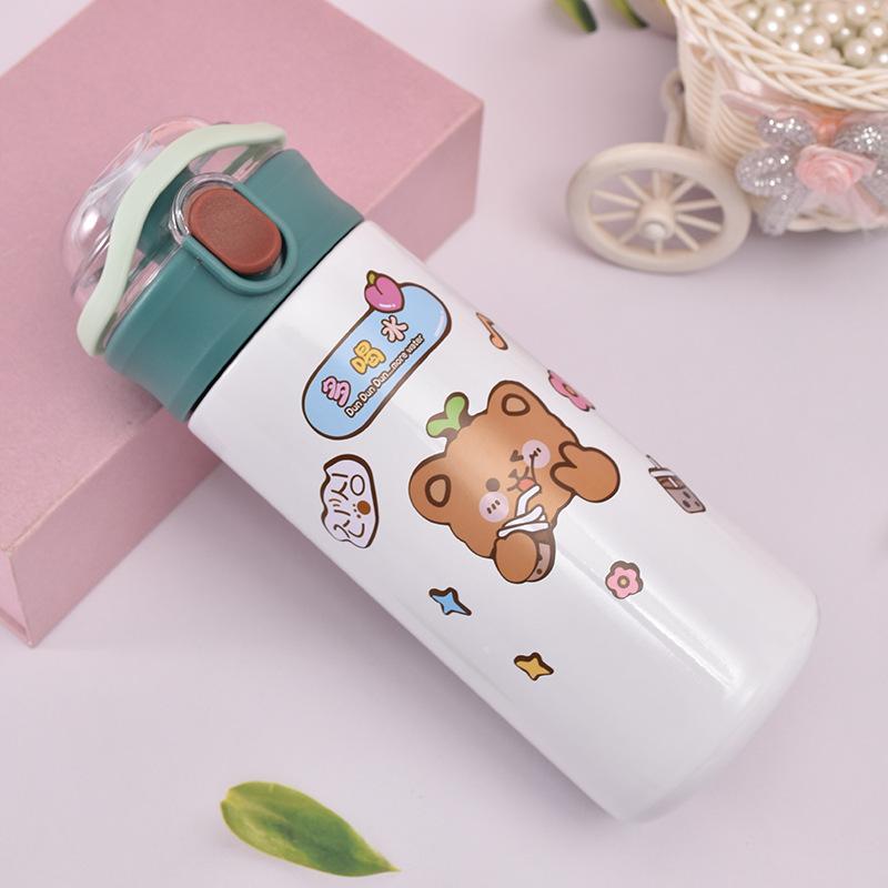 Internet celebrity high value stainless steel cartoon thermos cup carrying ring portable outdoor cup children bounce cover Carter cup