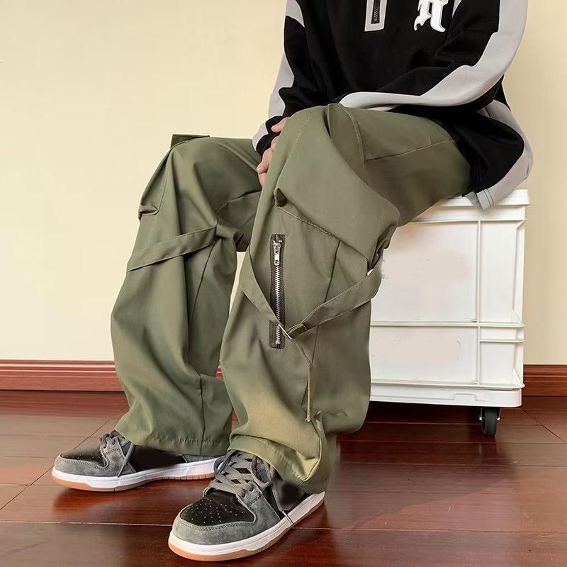 Spring Autumn Green Cargo Pants Men Oversize Zipper Work Pants for Men Cargo Trousers Male Streetwear Hip Hop Pocket Loose Casual Workwear