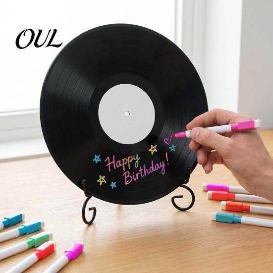 DIY Commemorative Ornaments Vinyl Record Graffiti Clock Ornament, Blank Acrylic Retro Tabletop Wall Creative Craft Projects Decor with Stand, Reusable