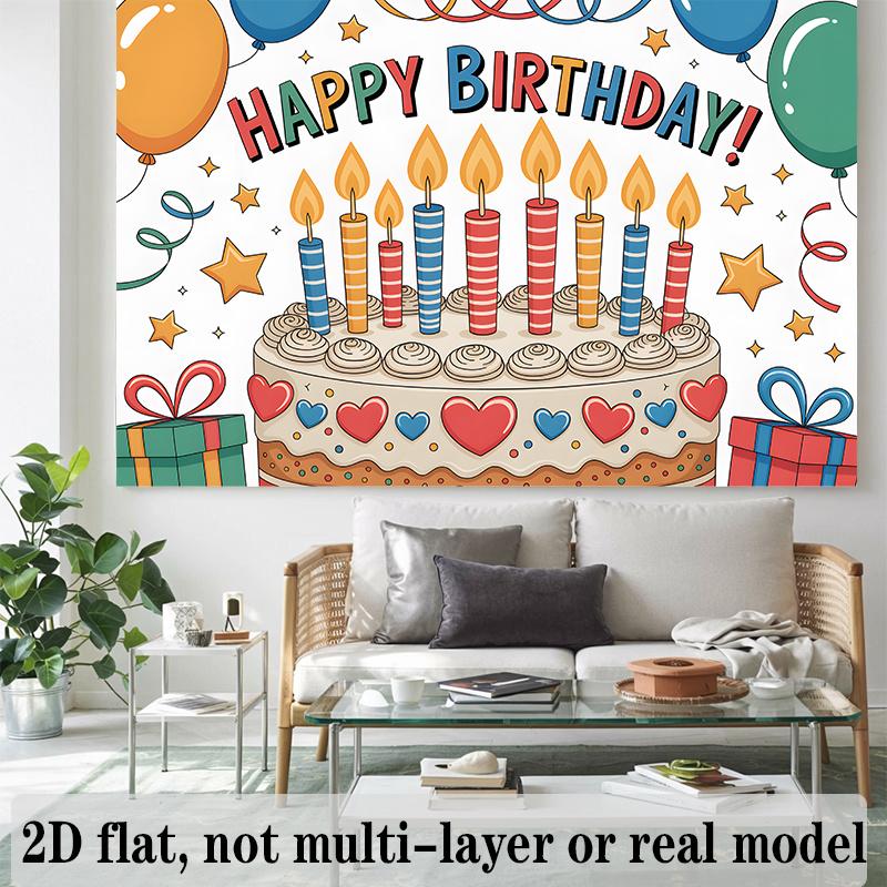 Balloons Candles Birthday Banner, Stars Gifts Backdrop Wall Decor for Party