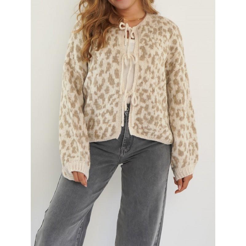 Womens Leopard Print Knit Cardigan With Tie Front Round Neck Long Sleeve Streetwear Sweater
