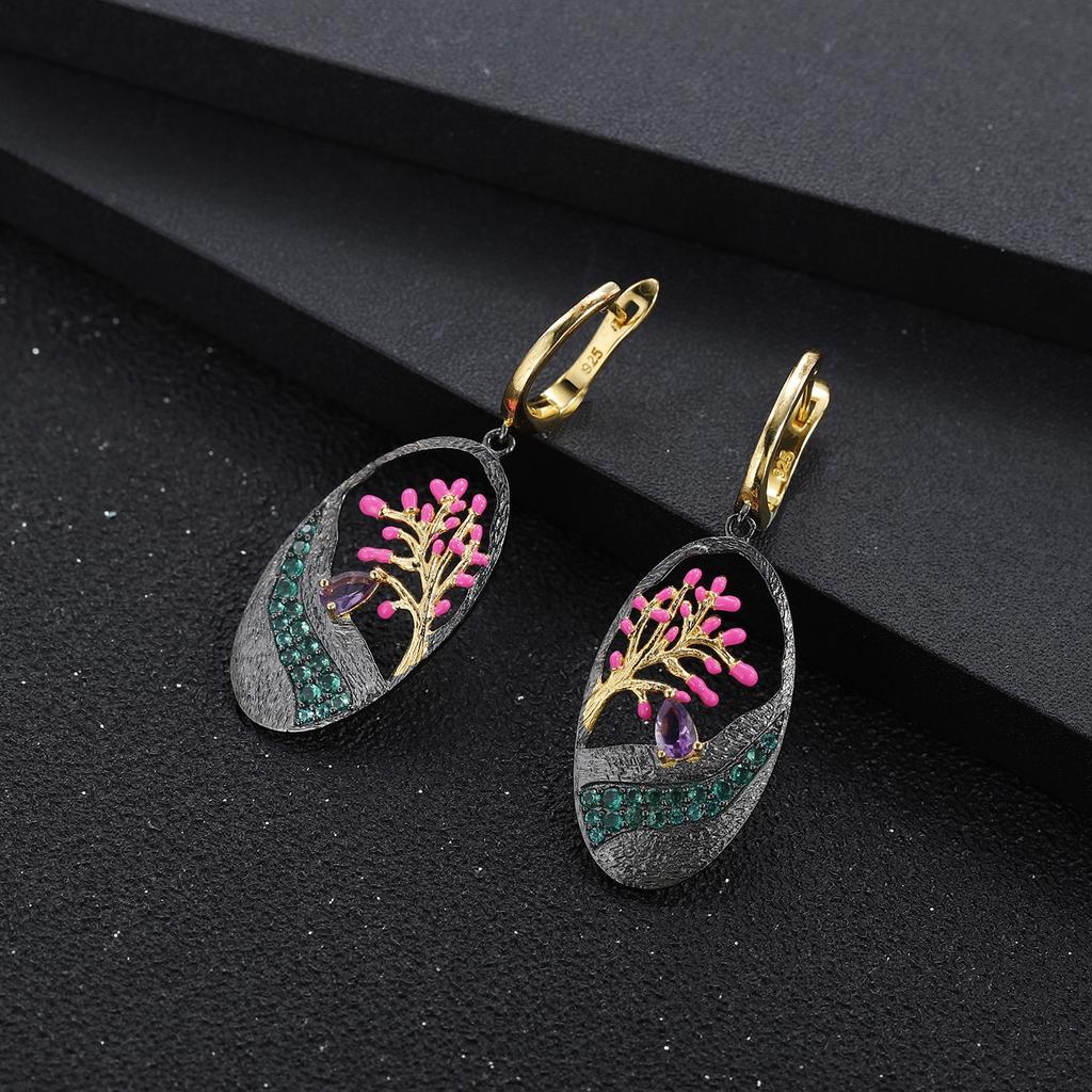 Italian Craft Original Designer Earrings Natural Style Tree of Life Design S925 Sterling Silver Enamel Earrings Earrings