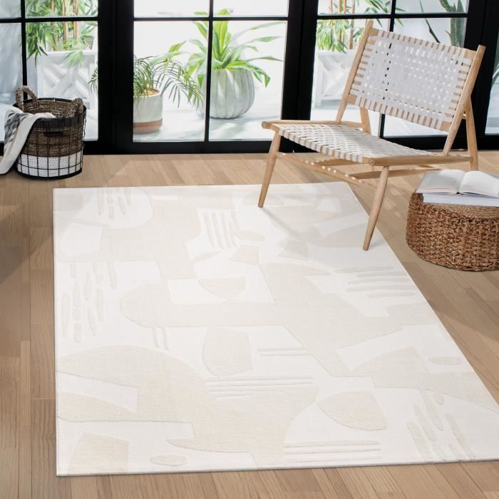 Paco Home Tapis Salon Chambre Adulte Poils Ras Uni 3D Motif Abstrait Geometrique Crème Crème 160x220 Cm