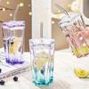 300ml Stylish Star-Shaped Glass Tumbler with Lid Straw Colorful Gradient Water Cups Perfect for Iced Coffee Milk Bottle Gifts